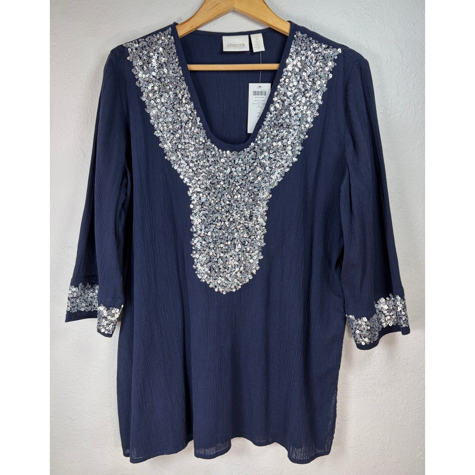 Nwt Chico's Women Sequin Midnight Shine Dina Top 2 Navy Blue Gauze Blouse Resort